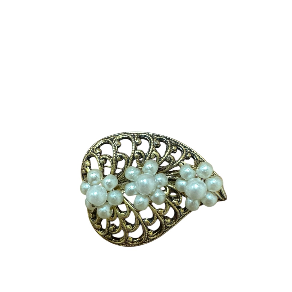 Elegant Gold And White Pearl Floral Brooch